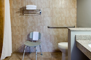 Combined shower/tub, free toiletries, hair dryer, towels
