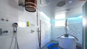 A modern bathroom with a shower, a bathtub, and a unique water feature. - GAIA Hotel Basel - the sustainable hotel (Basel)