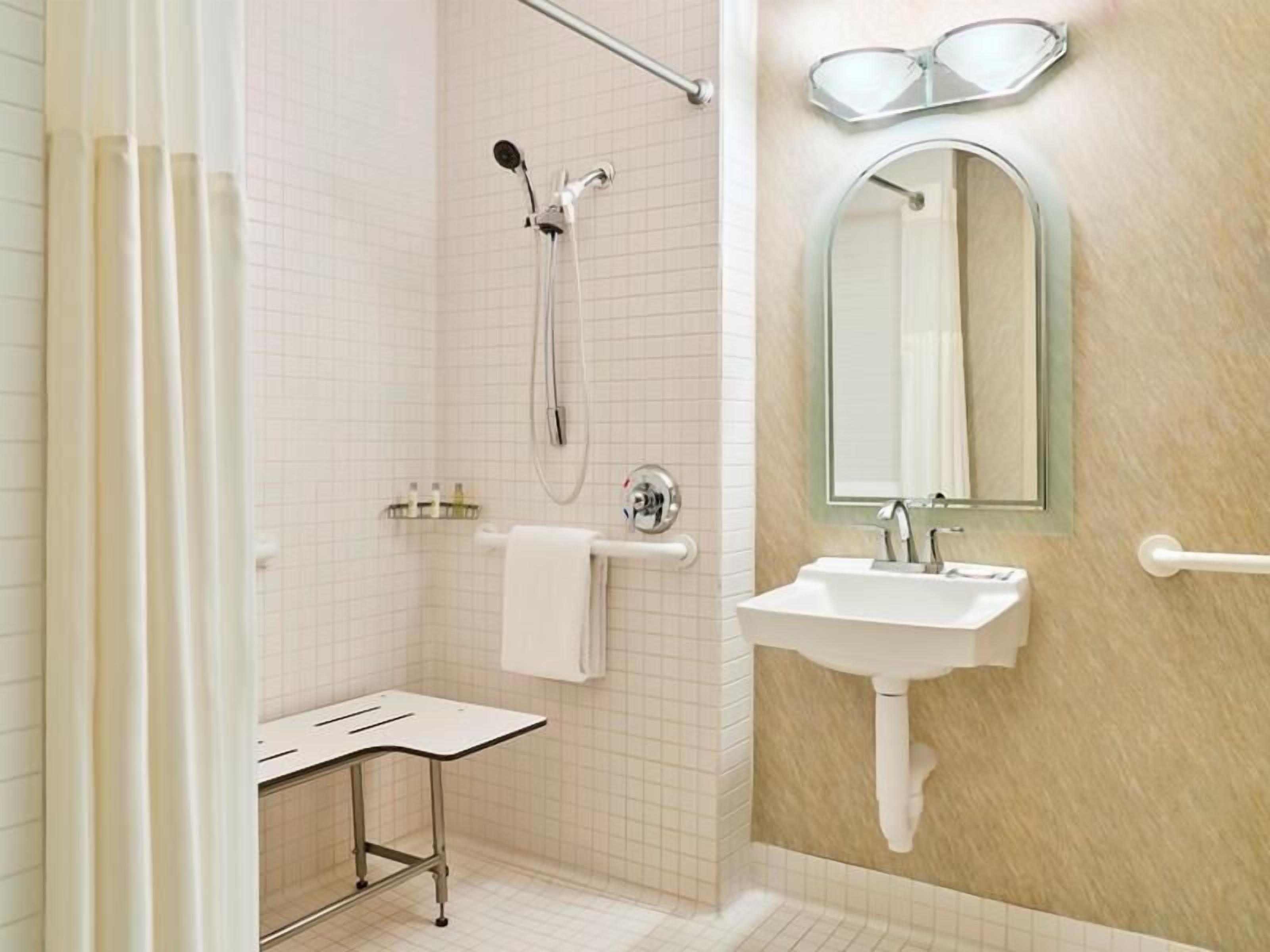 combined shower/bathtub, free toiletries, hair dryer, towels