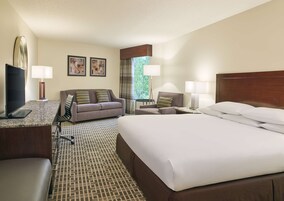 Ein Hotelzimmer mit einem großen Bett, einer Couch, einem Schreibtisch und einem Flachbildfernseher sowie einem Sessel.