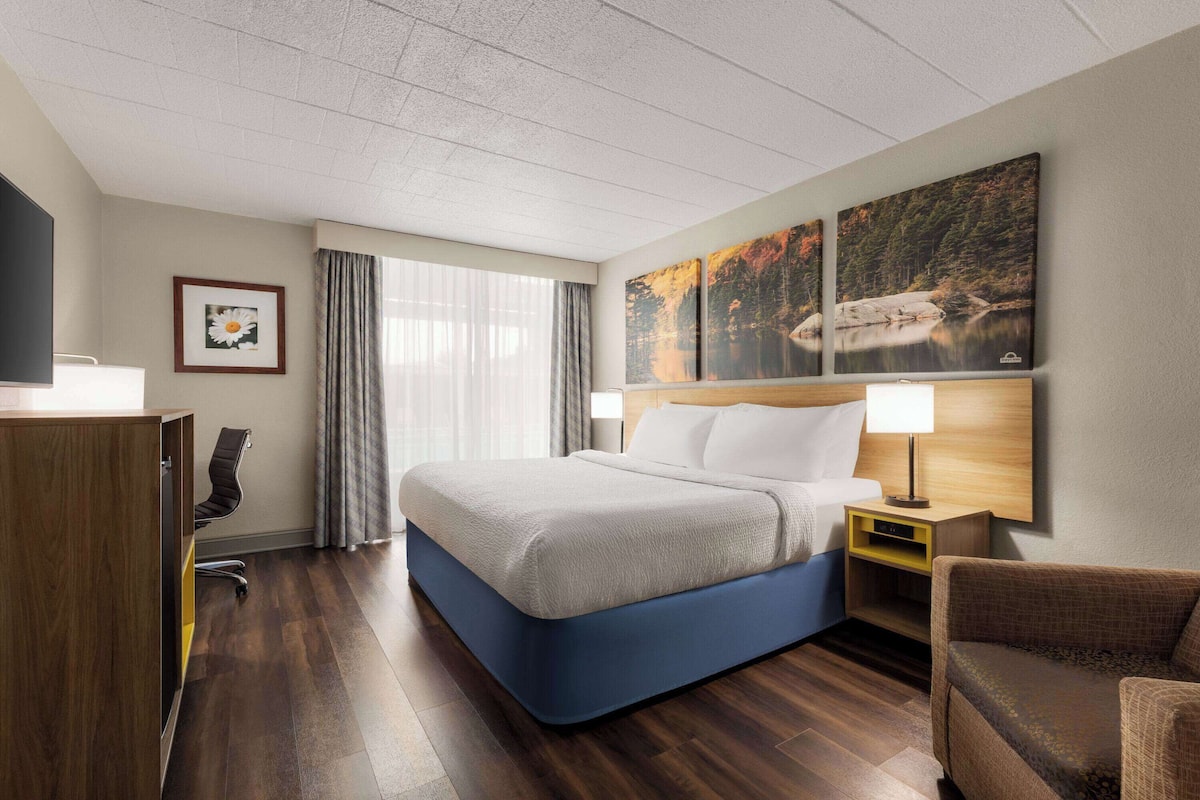 Ein Hotelzimmer mit einem großen Bett, einem Schreibtisch, einem Sessel, einem Nachttisch und einem Bild an der Wand.