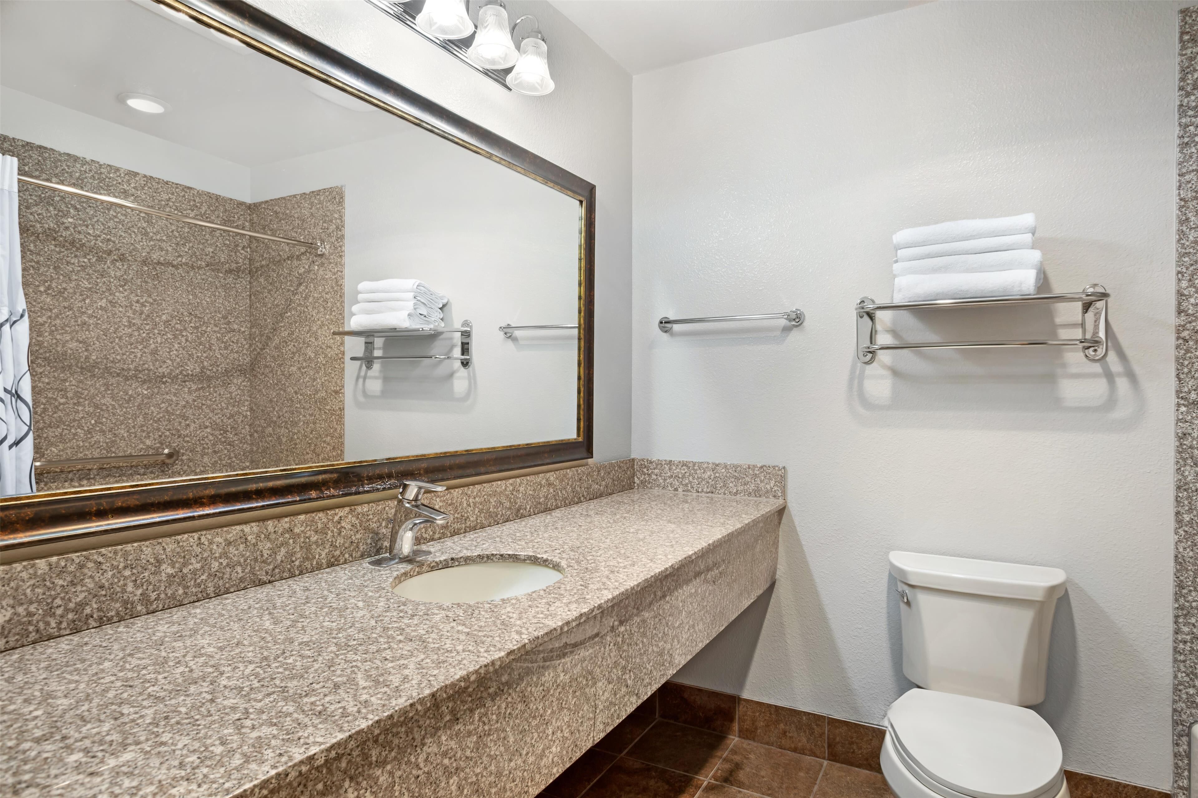 A bathroom with a granite countertop sink, a large mirror, a toilet, and towel racks.