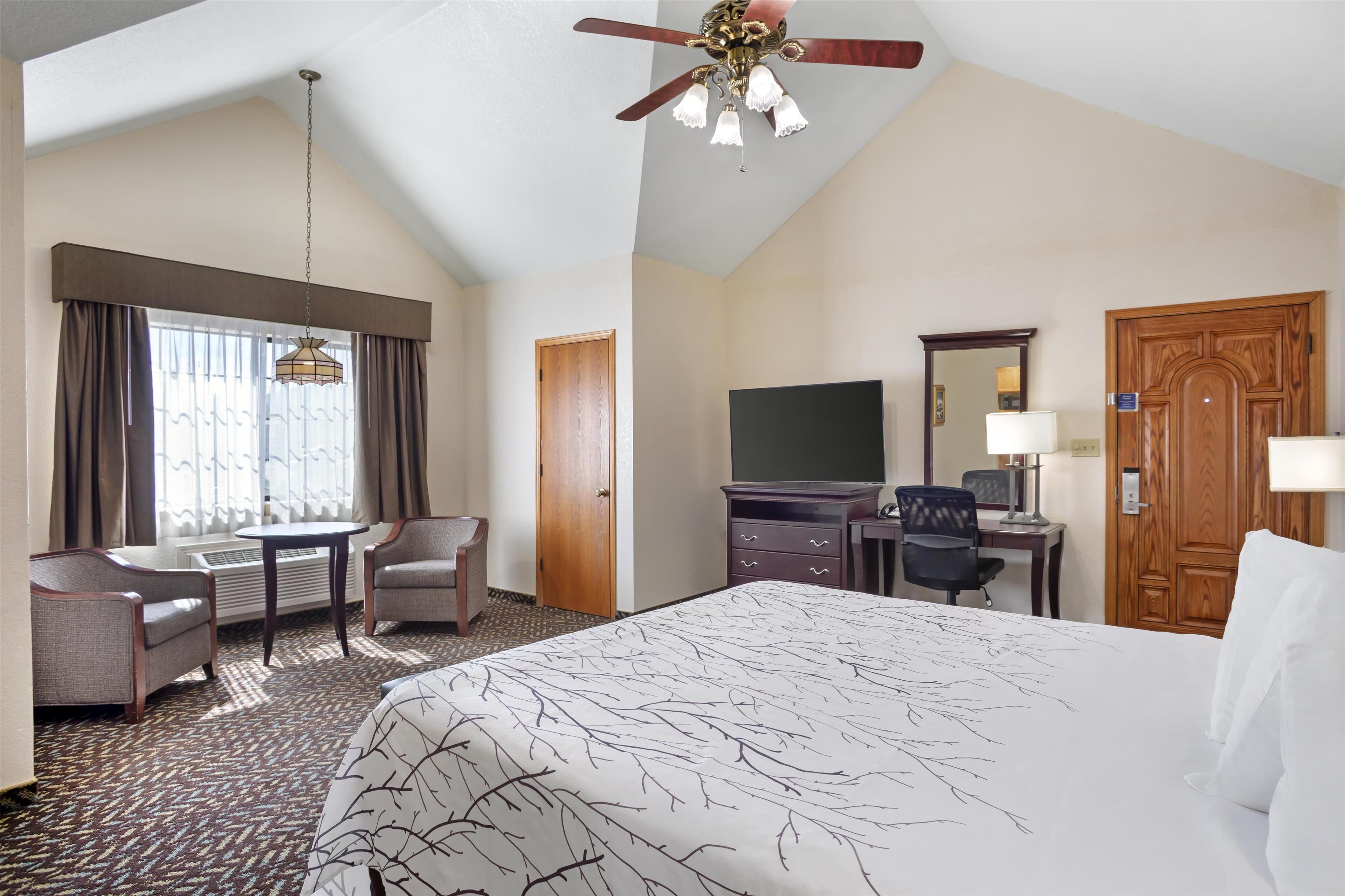 A hotel room with a large bed, a desk with a chair, a television, a ceiling fan, and a window with curtains.