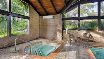 Indoor pool, outdoor pool, pool umbrellas, sun loungers
