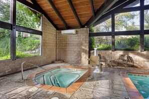 Indoor pool, outdoor pool, pool umbrellas, sun loungers