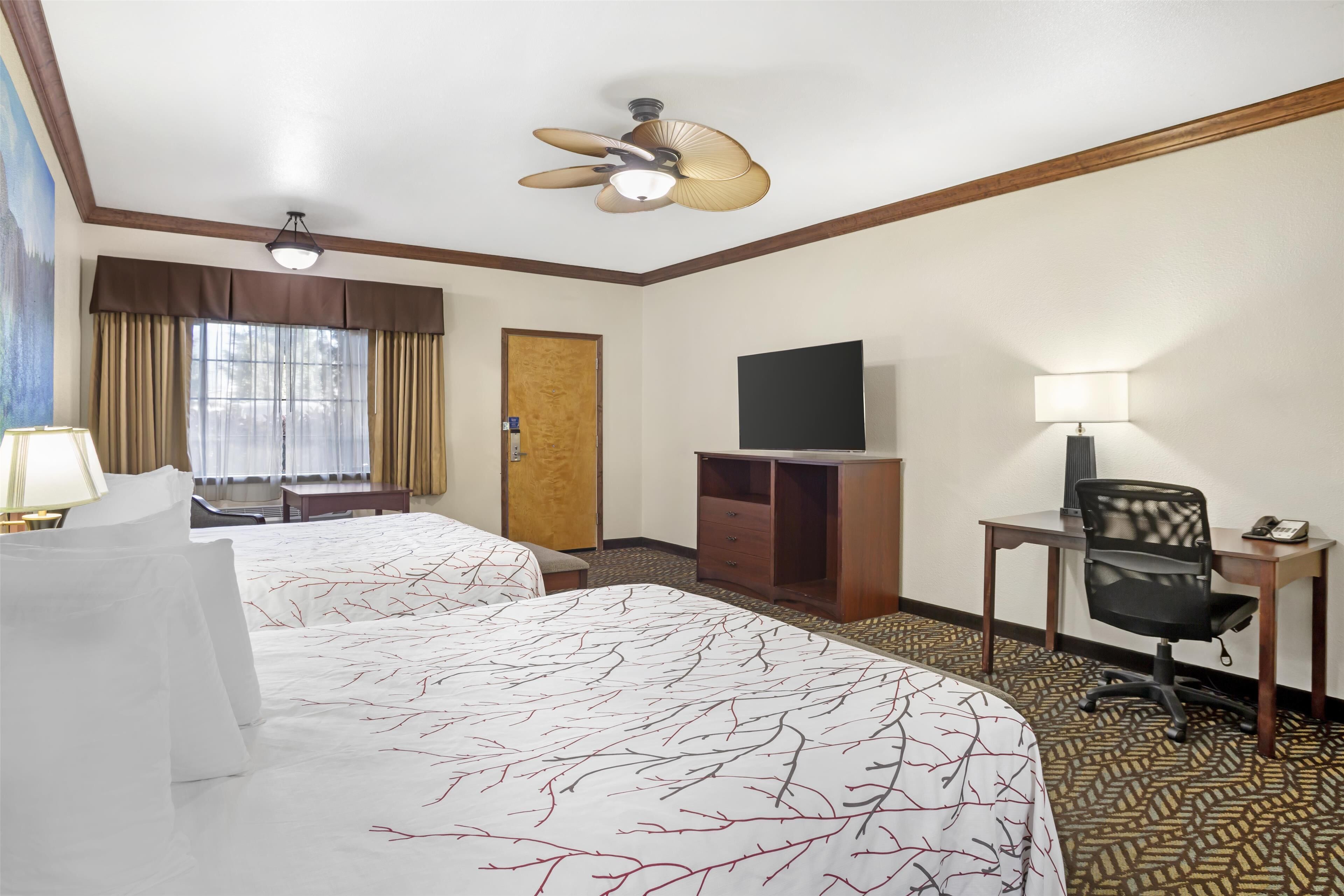 A hotel room with two beds, a desk with a chair, a television, and a ceiling fan.