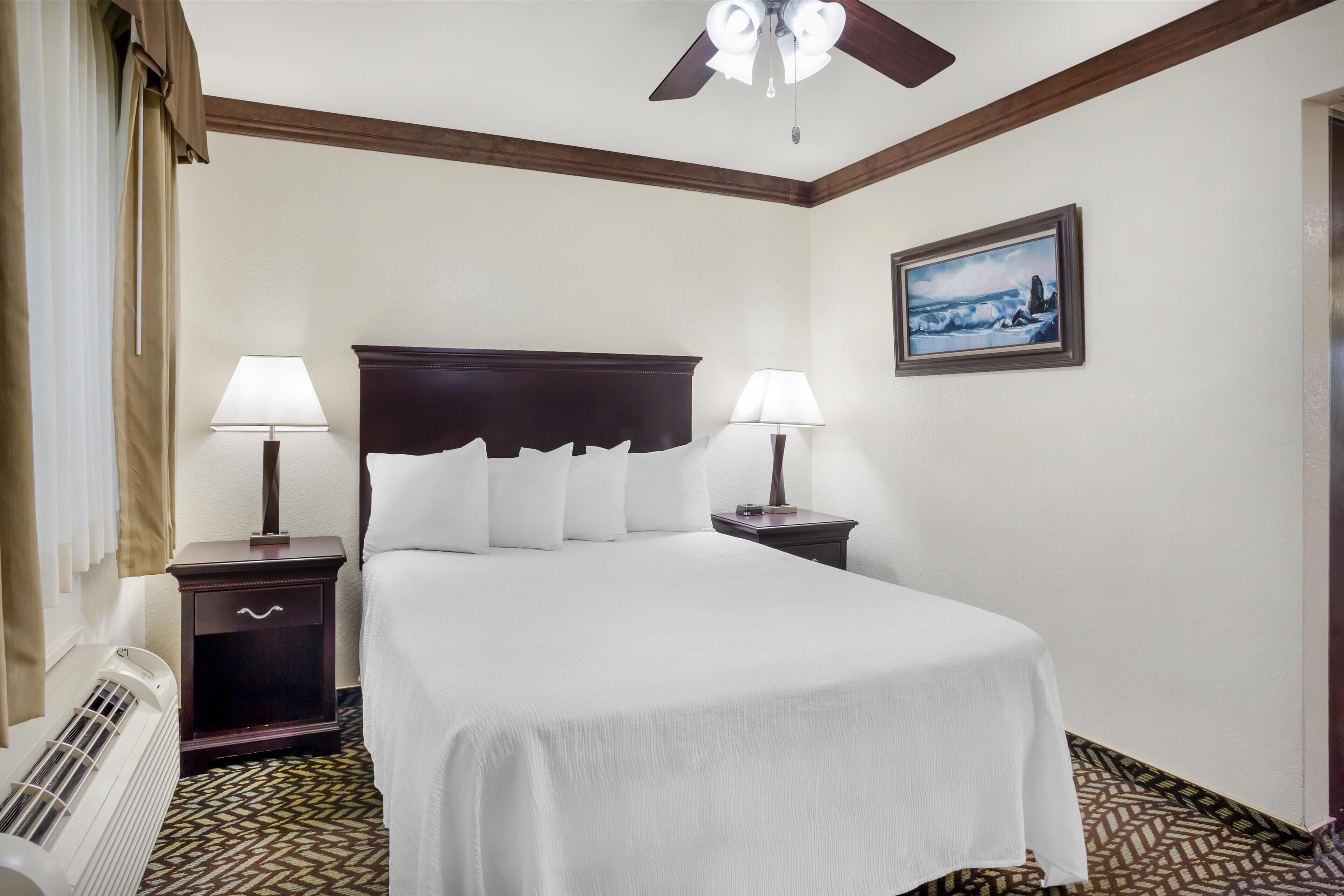 A hotel room with a large bed, two bedside tables with lamps, a ceiling fan, a radiator, and a painting on the wall.