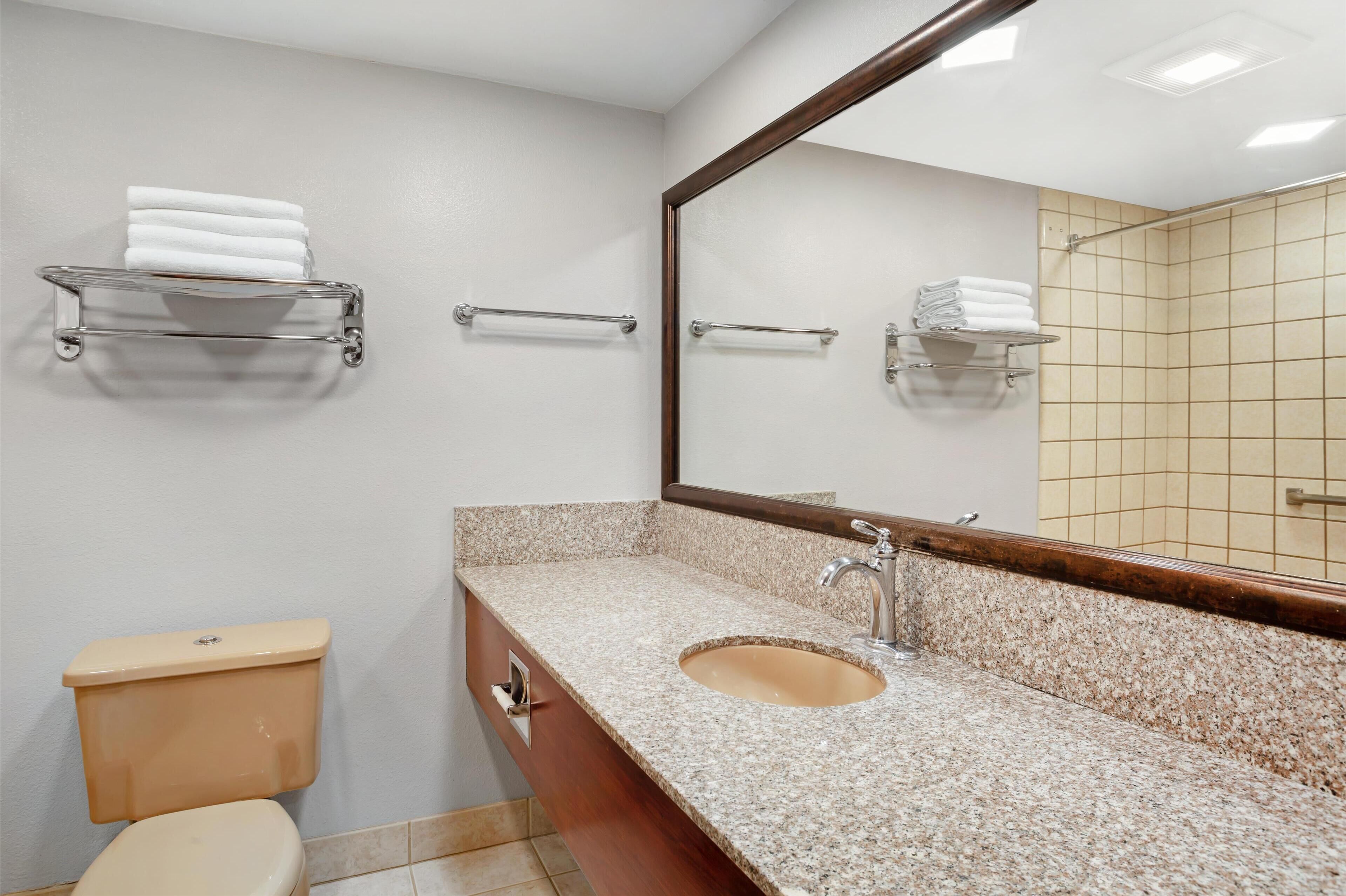 A bathroom with a toilet, sink, and towel racks.