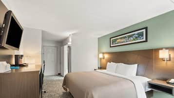 Una habitación de hotel con cama, mesita de noche, televisión y un cuadro en la pared.