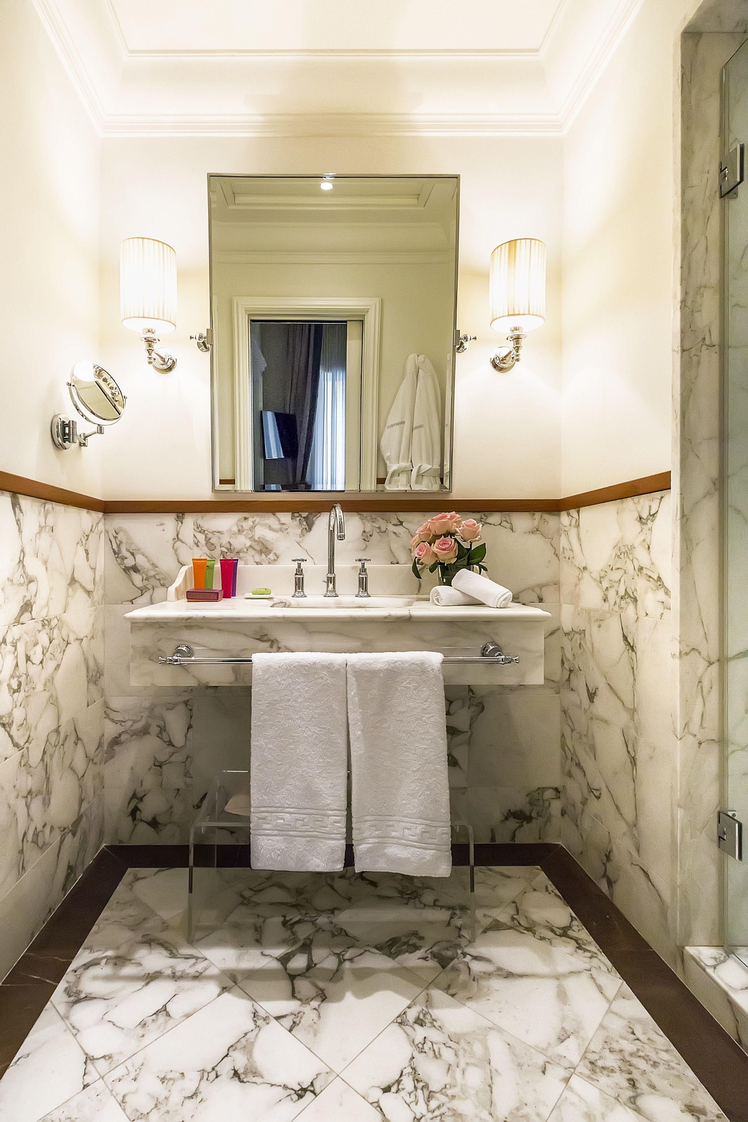 hair dryer, bathrobes, slippers, bidet