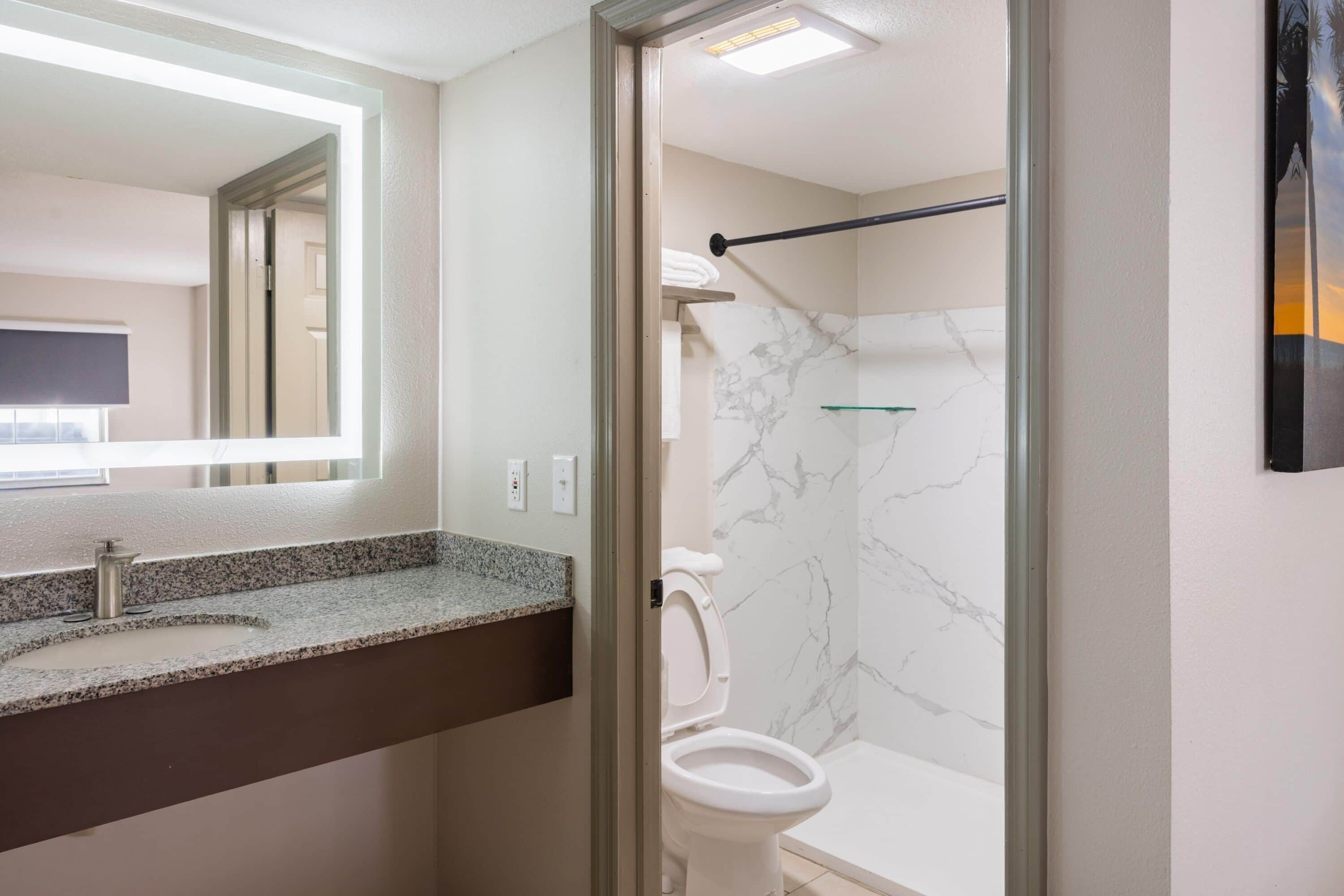 Un baño con pared de mármol, un inodoro y un lavabo con encimera de granito.