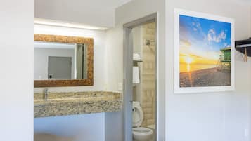 Un bagno con un piano di lavoro in granito, uno specchio con cornice decorativa, un water e un quadro incorniciato raffigurante una spiaggia.