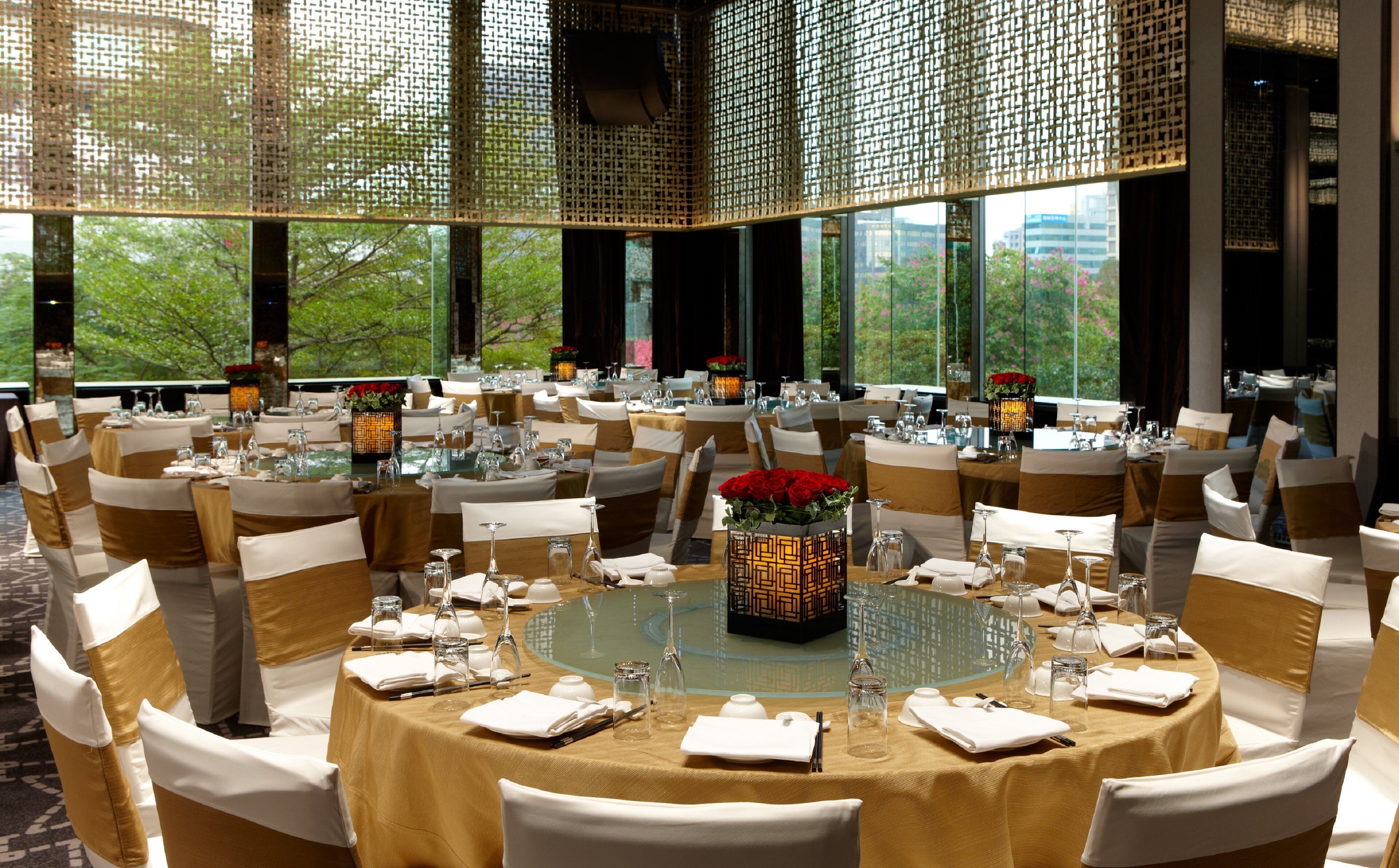 A banquet hall with round tables, white and gold chairs, and large windows offering a view of trees and buildings.