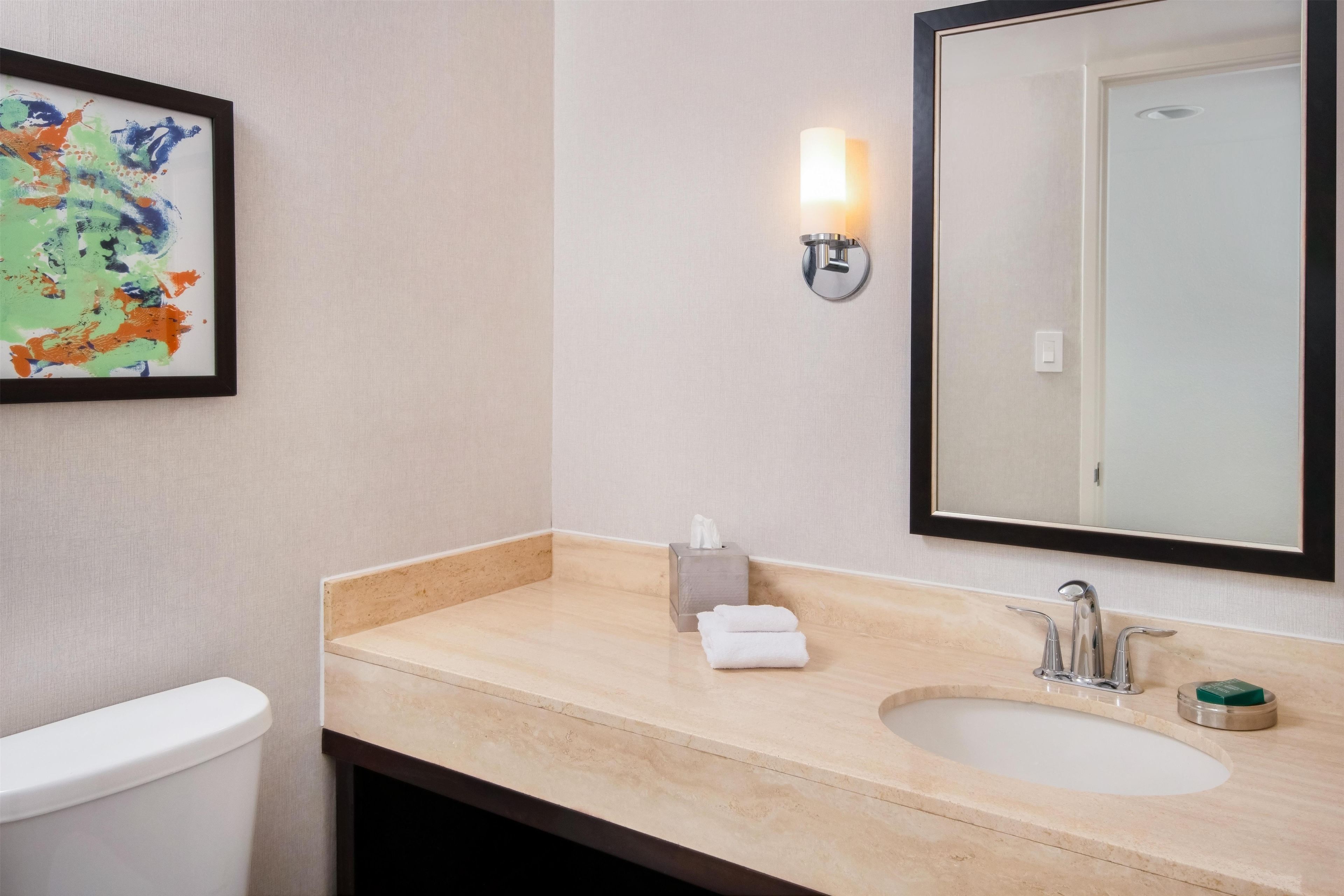A bathroom with a beige countertop, a sink, a mirror, a toilet, and a wall-mounted light fixture.