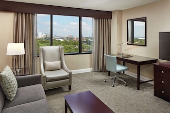Hotel room view looking out at Hilton Houston Plaza/Medical Center