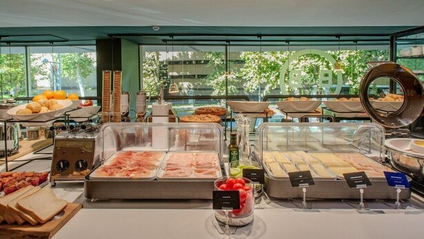 Un bufé con diversas opciones de comida, como carnes, quesos y frutas, con vista a árboles.