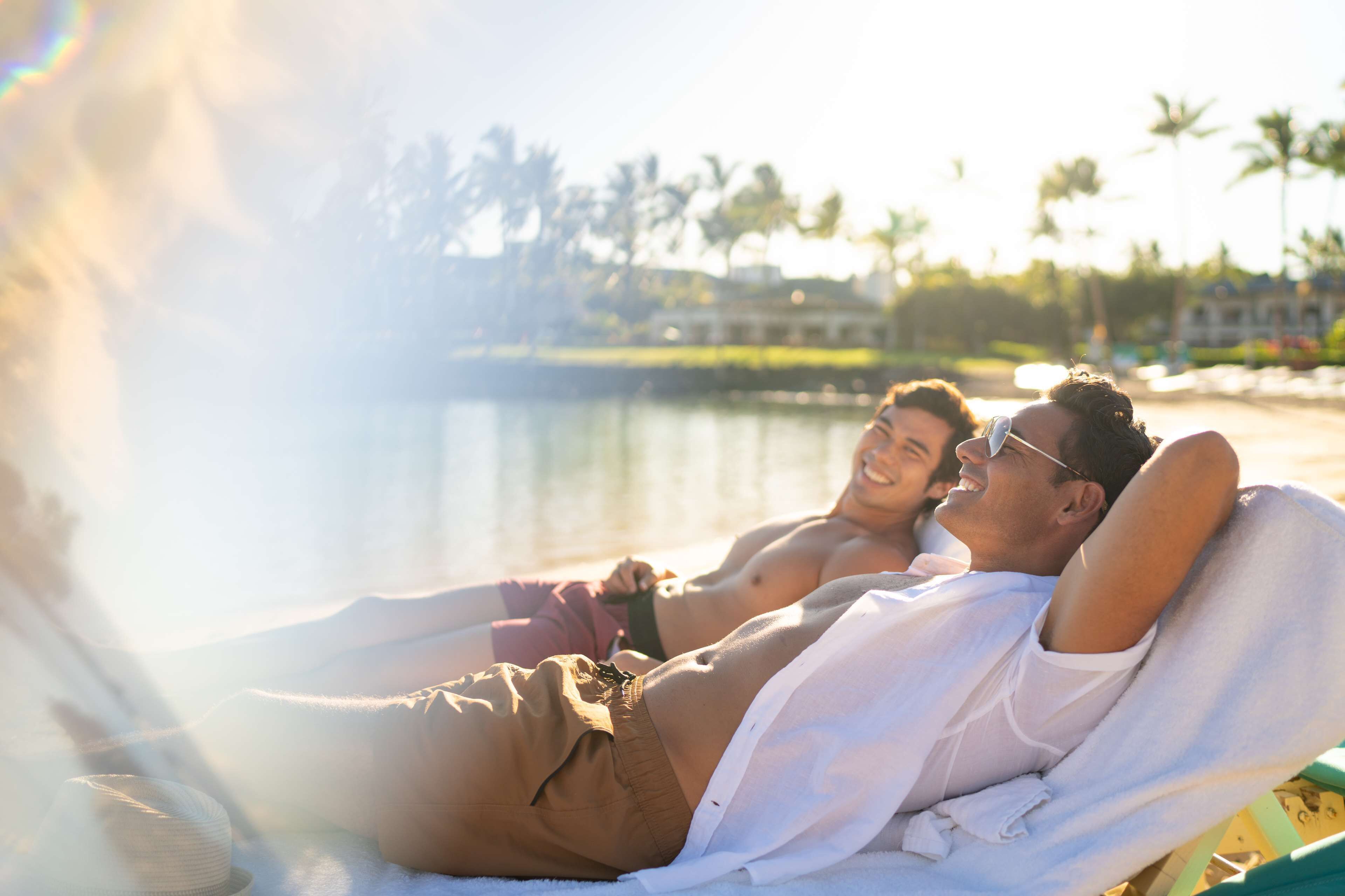 private beach, white sand, beach cabanas, sun-loungers