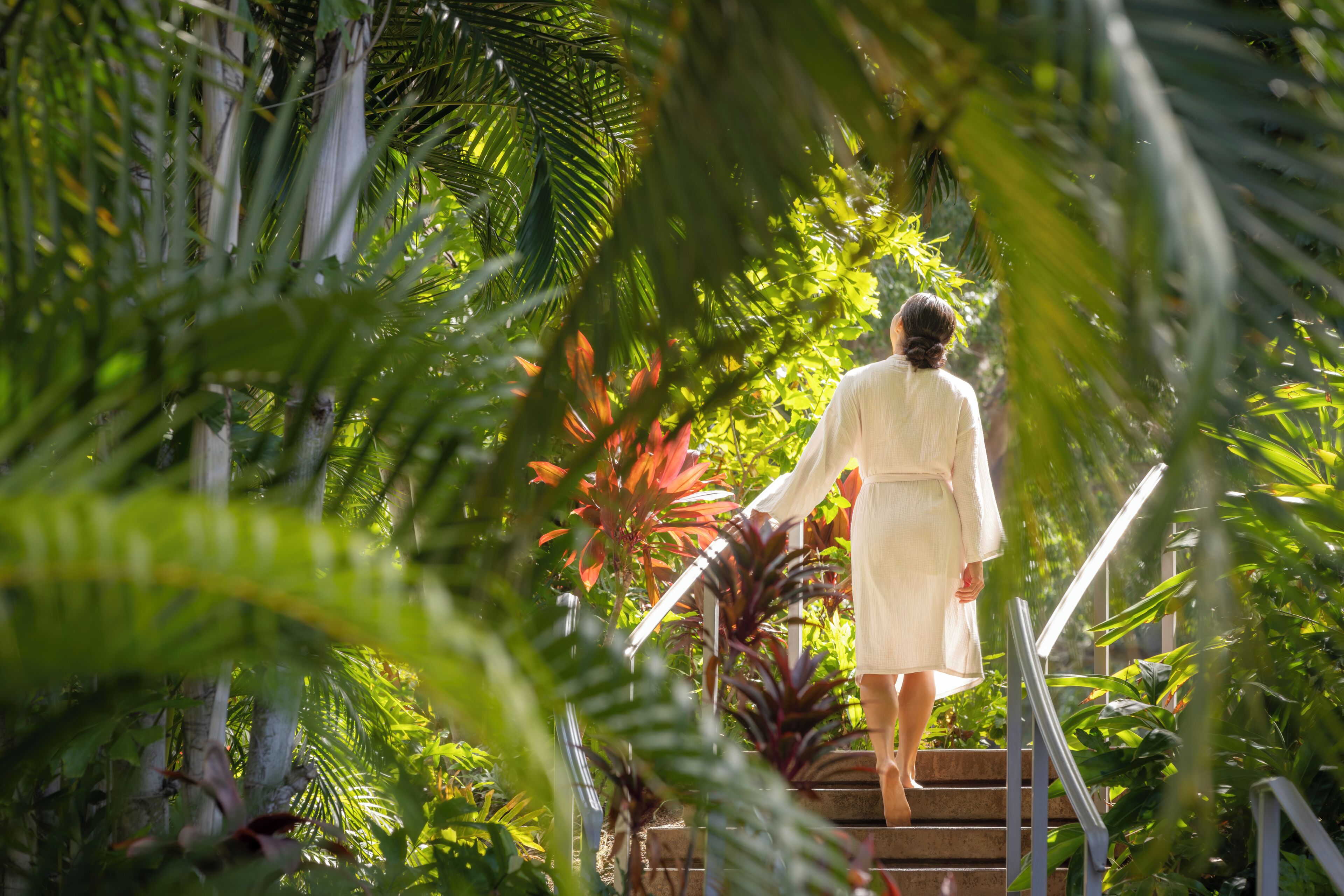 A person ascending a staircase surrounded by lush greenery.