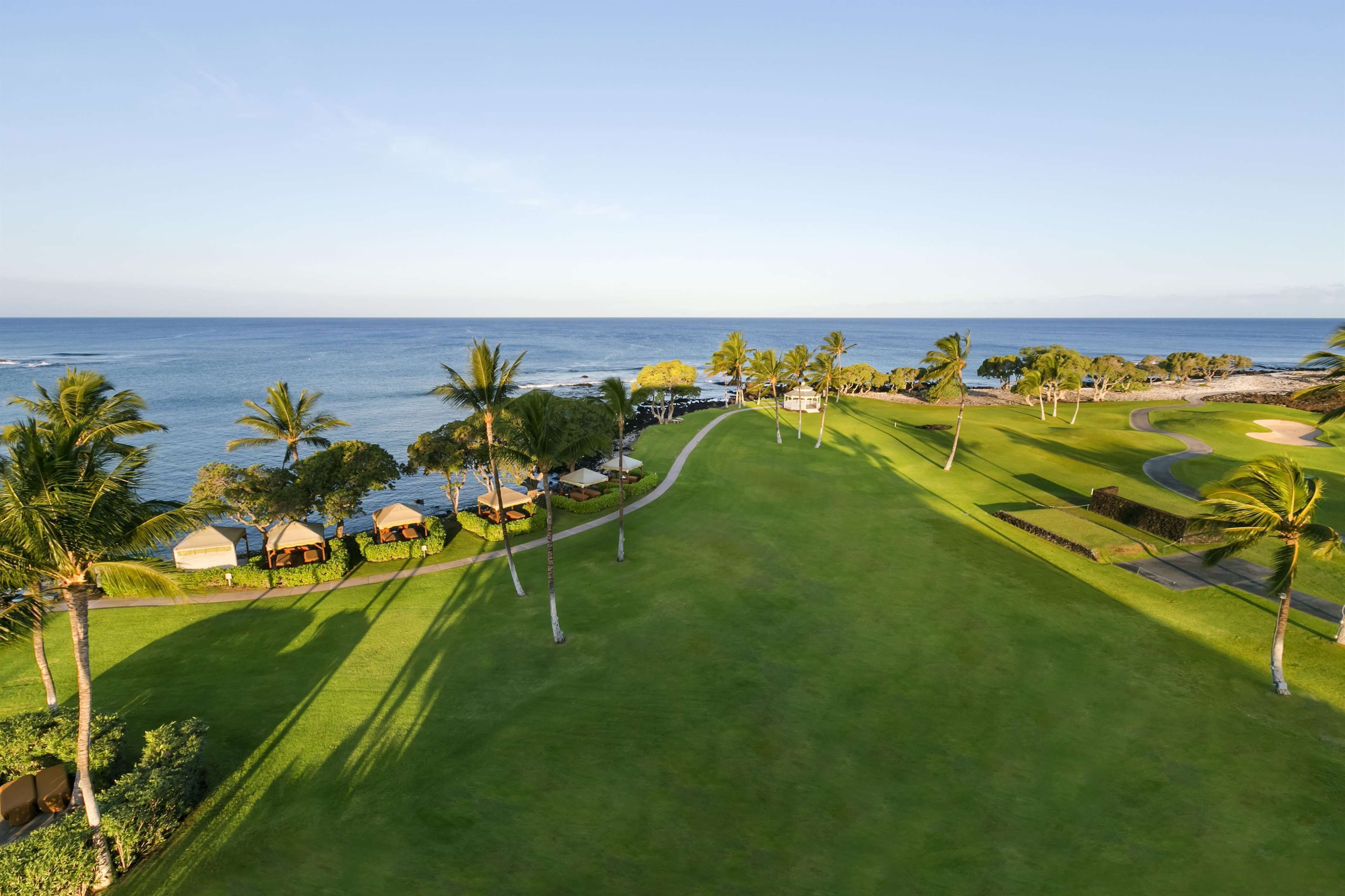 Un parcours de golf offrant une vue sur l’océan, des palmiers et quelques bâtiments.