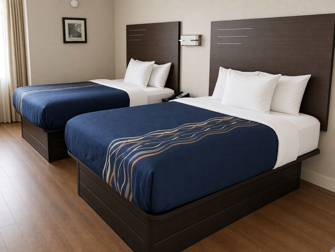 A hotel room with two beds, each with a dark headboard and white bedding.