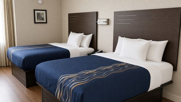 A hotel room with two beds, each with a dark headboard and white bedding. - Lakeside Inn (Guntersville)