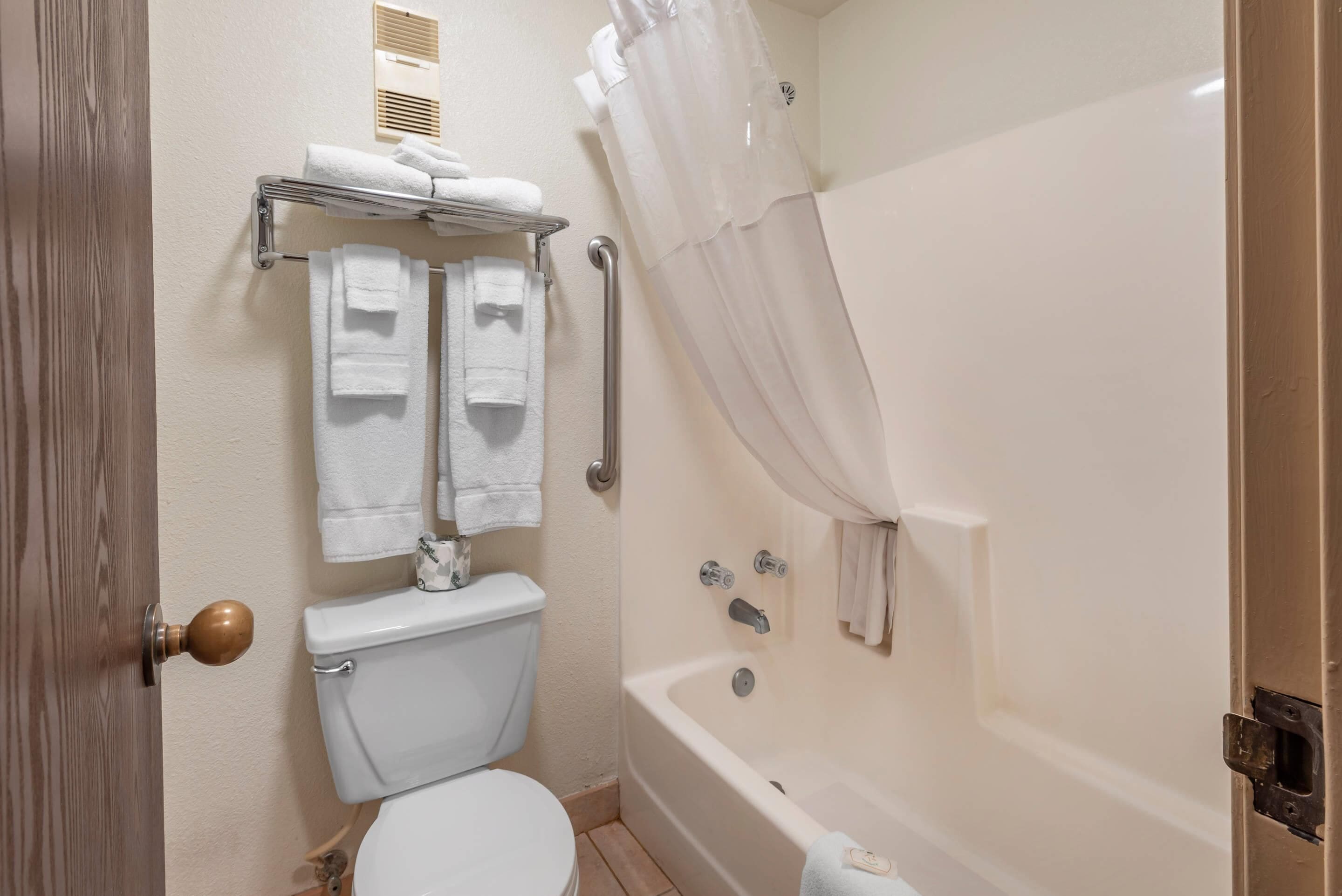 A bathroom with a toilet, a bathtub, and a shower curtain.