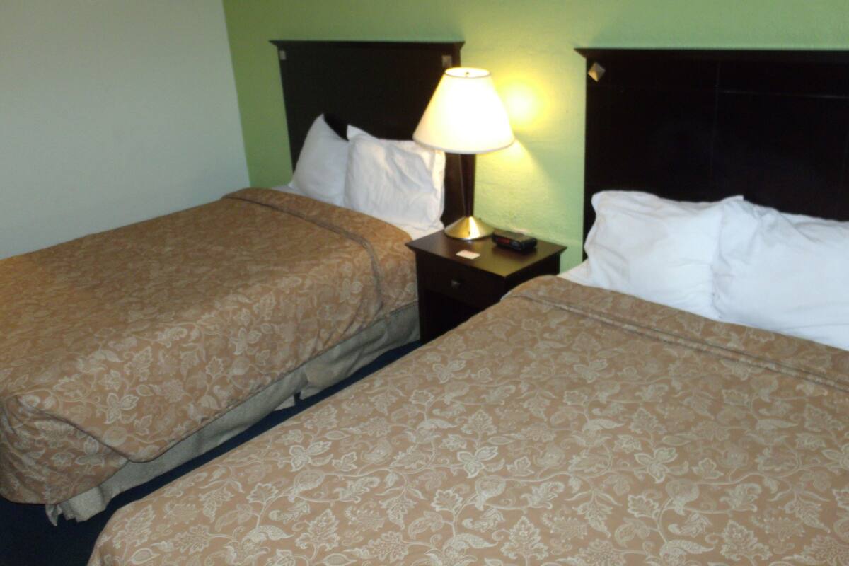 Two single beds with floral-patterned bedding, a nightstand with a lamp, and framed pictures on the wall.