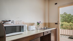 Una cocina compacta con microondas, tostadora y pileta.