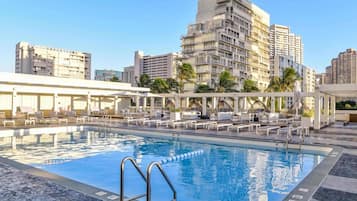 A rooftop pool with lounge chairs and umbrellas, surrounded by high-rise buildings.