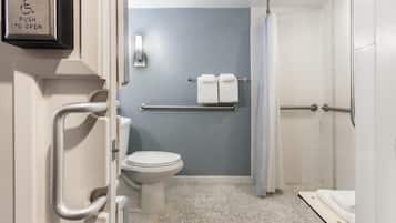 Un baño con inodoro, barra de apoyo y zona de ducha.