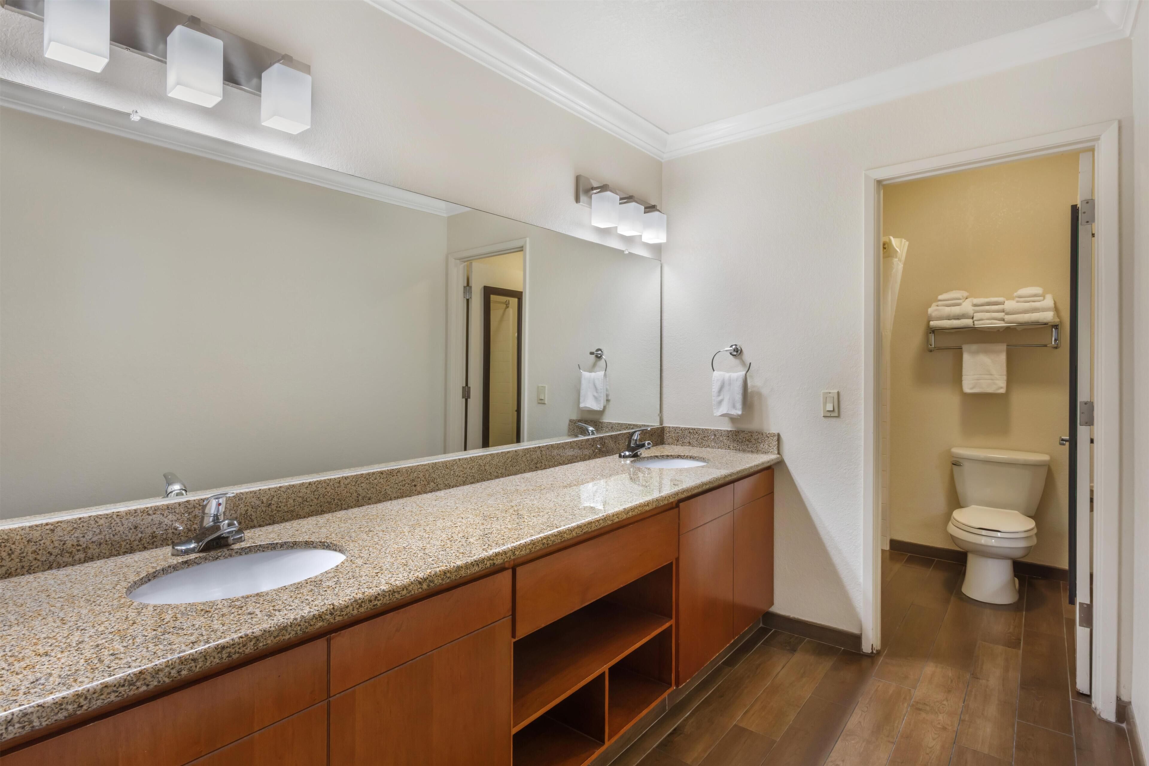 A bathroom with a double sink vanity, a large mirror, and a toilet.