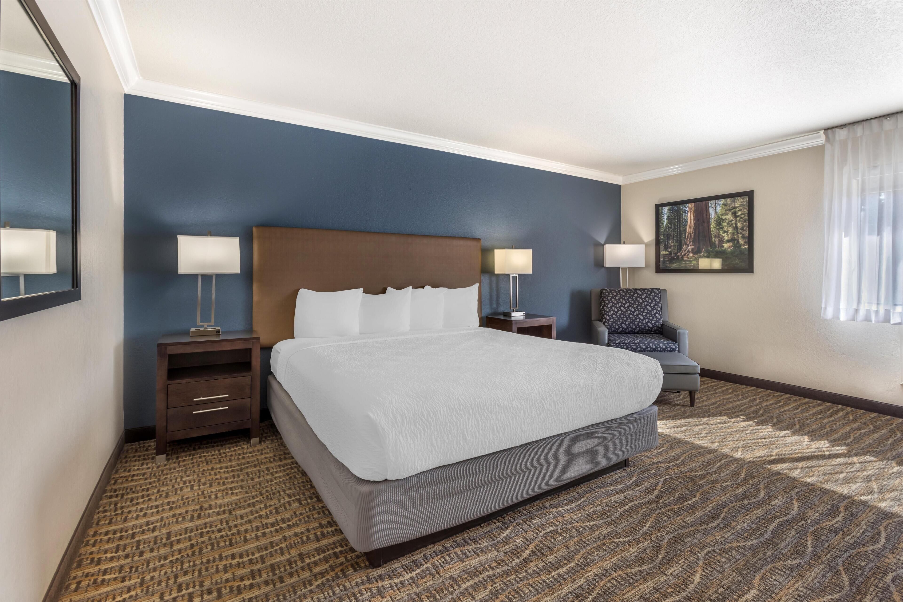 Una habitación de hotel con una cama grande, dos mesitas de noche con lámparas, una silla y suelo alfombrado.