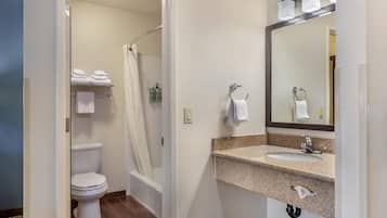 A bathroom with a toilet, shower, sink, and mirror.