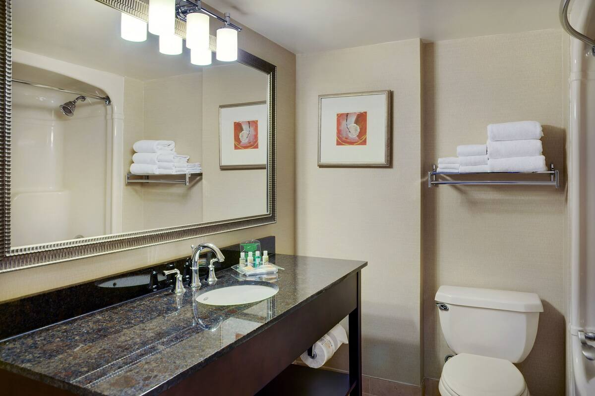 Combined shower/bathtub, free toiletries, hair dryer, towels
