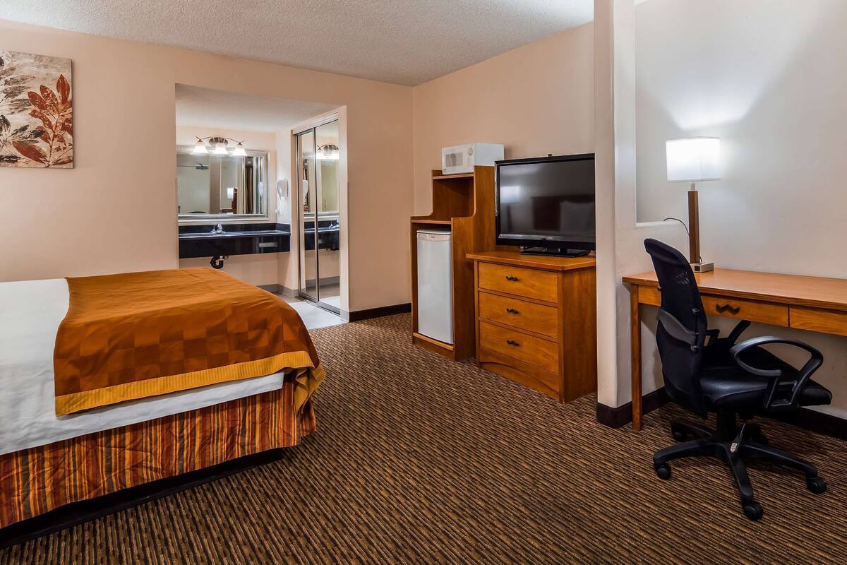A hotel room with a bed, a desk with a chair, a television, a microwave, and a mirror.