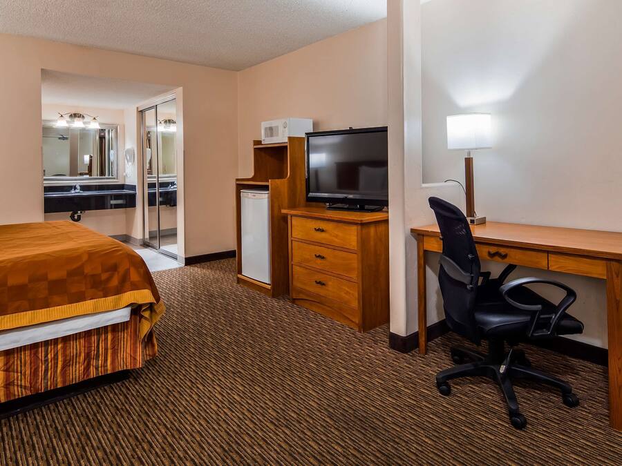 Une chambre d’hôtel équipée d’un lit, d’un bureau avec une chaise, d’une télévision, d’un four à micro-ondes et d’un miroir.