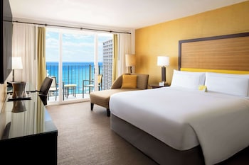 Hotel room view looking out at Hilton Waikiki Beach Resort & Spa