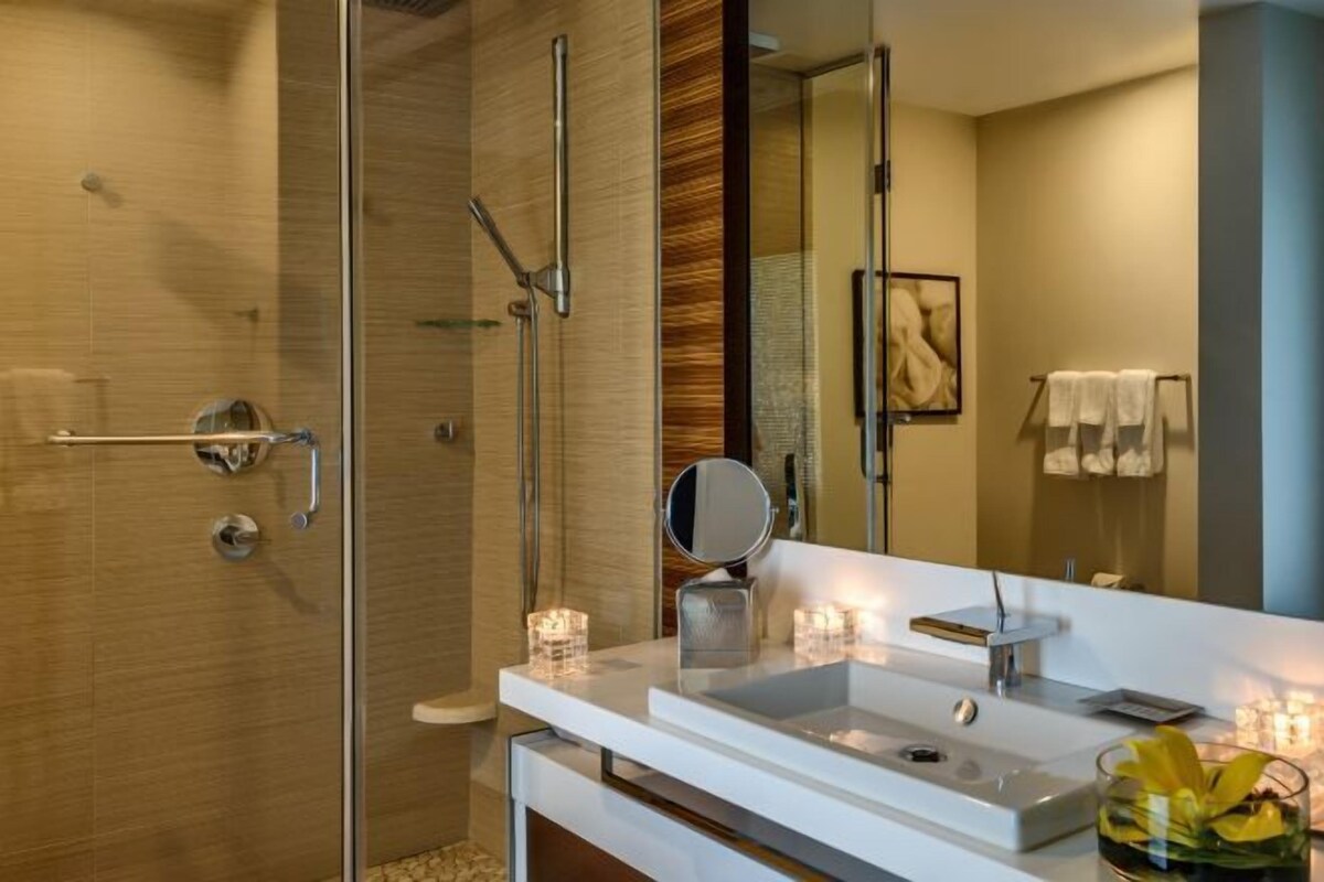 Hair dryer, towels, soap, shampoo
