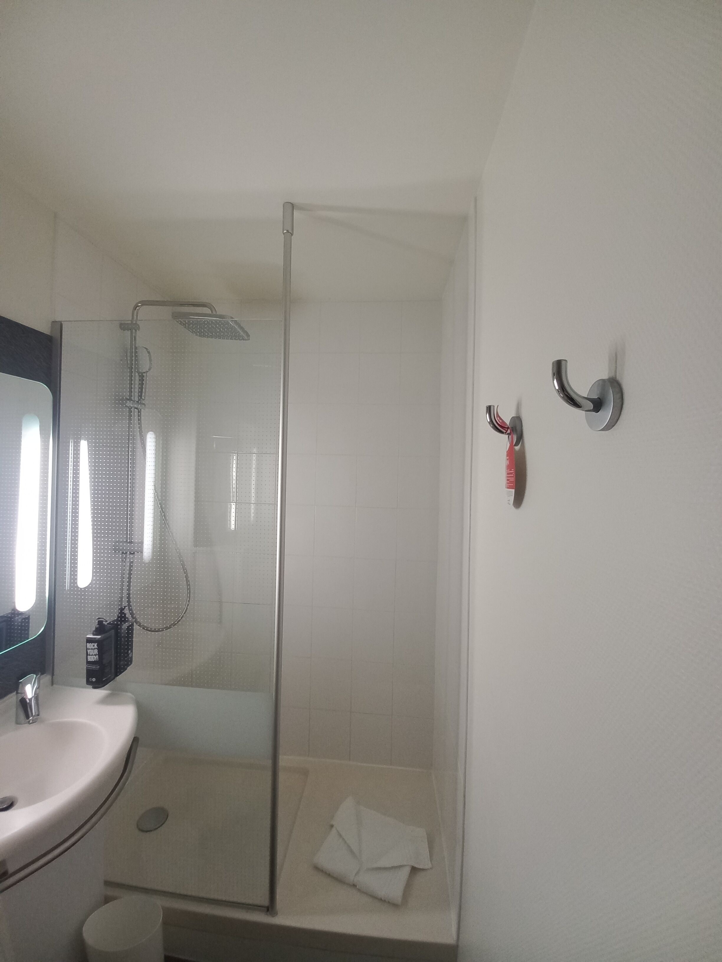 Une salle de bain avec une douche à parois de verre, un lavabo et un porte-serviettes.