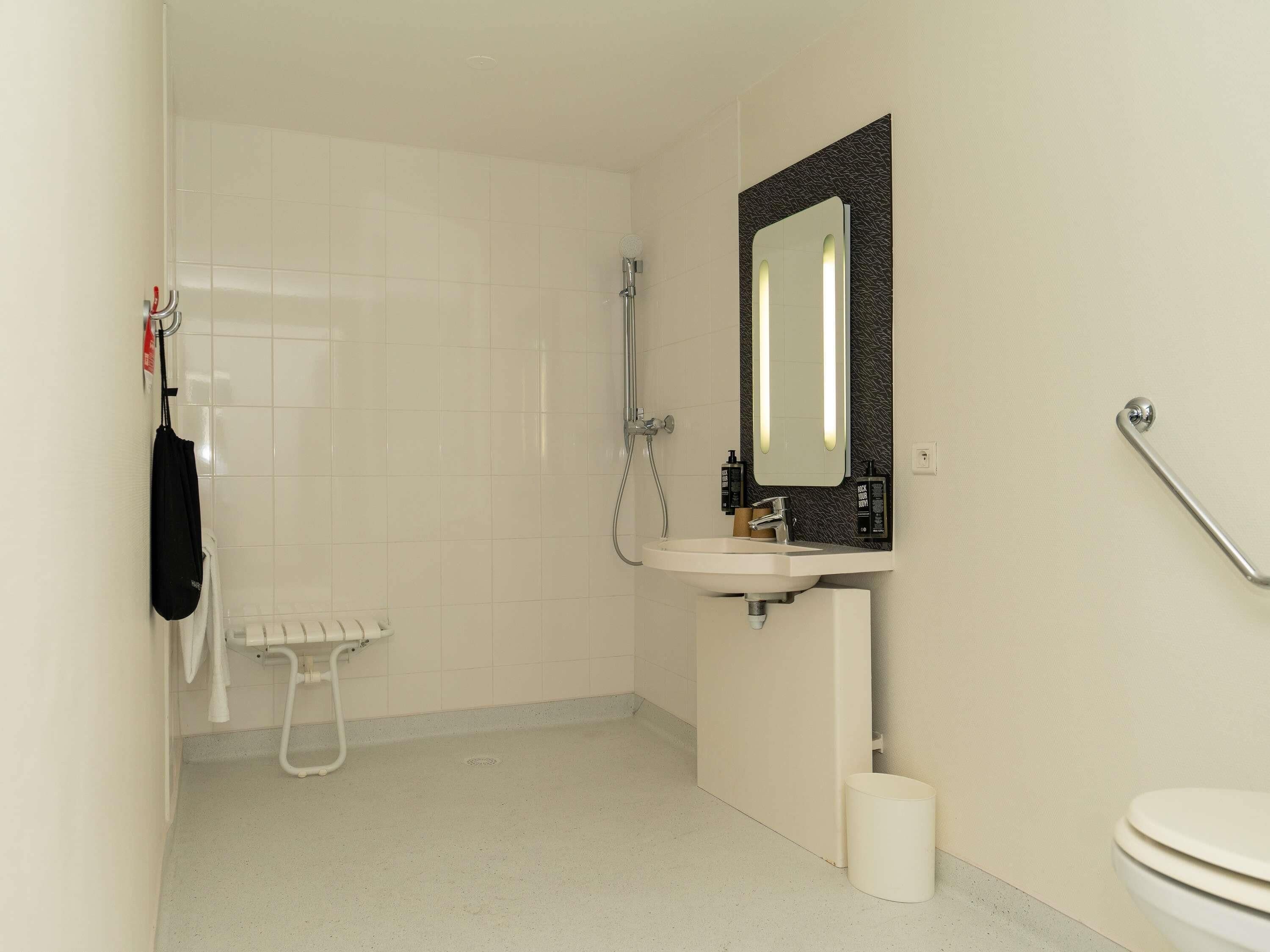 A bathroom with a white sink, a mirror with a textured frame, a handheld showerhead, a toilet, and a towel rack with a black bag.