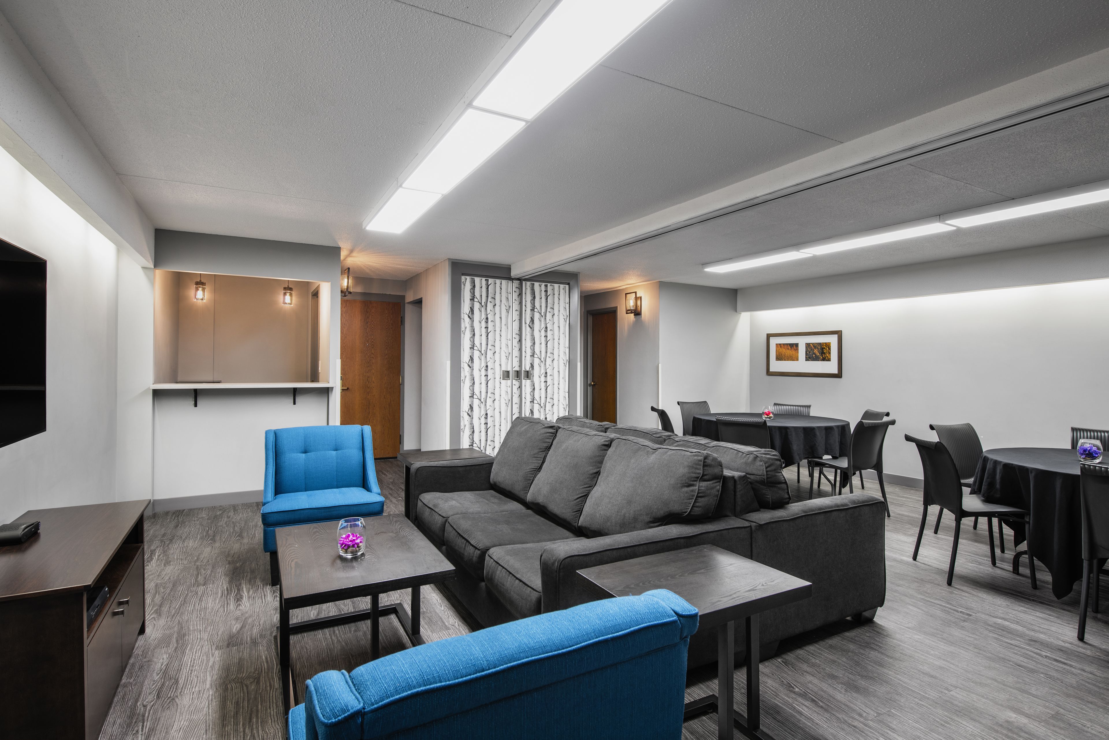 Une chambre d’hôtel moderne équipée d’un canapé, de fauteuils, d’une table à manger et d’un téléviseur.
