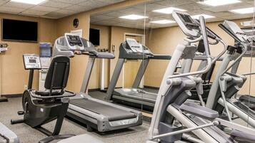 Une salle de sport équipée de plusieurs tapis de course, de plusieurs appareils elliptiques et d’un banc de musculation.