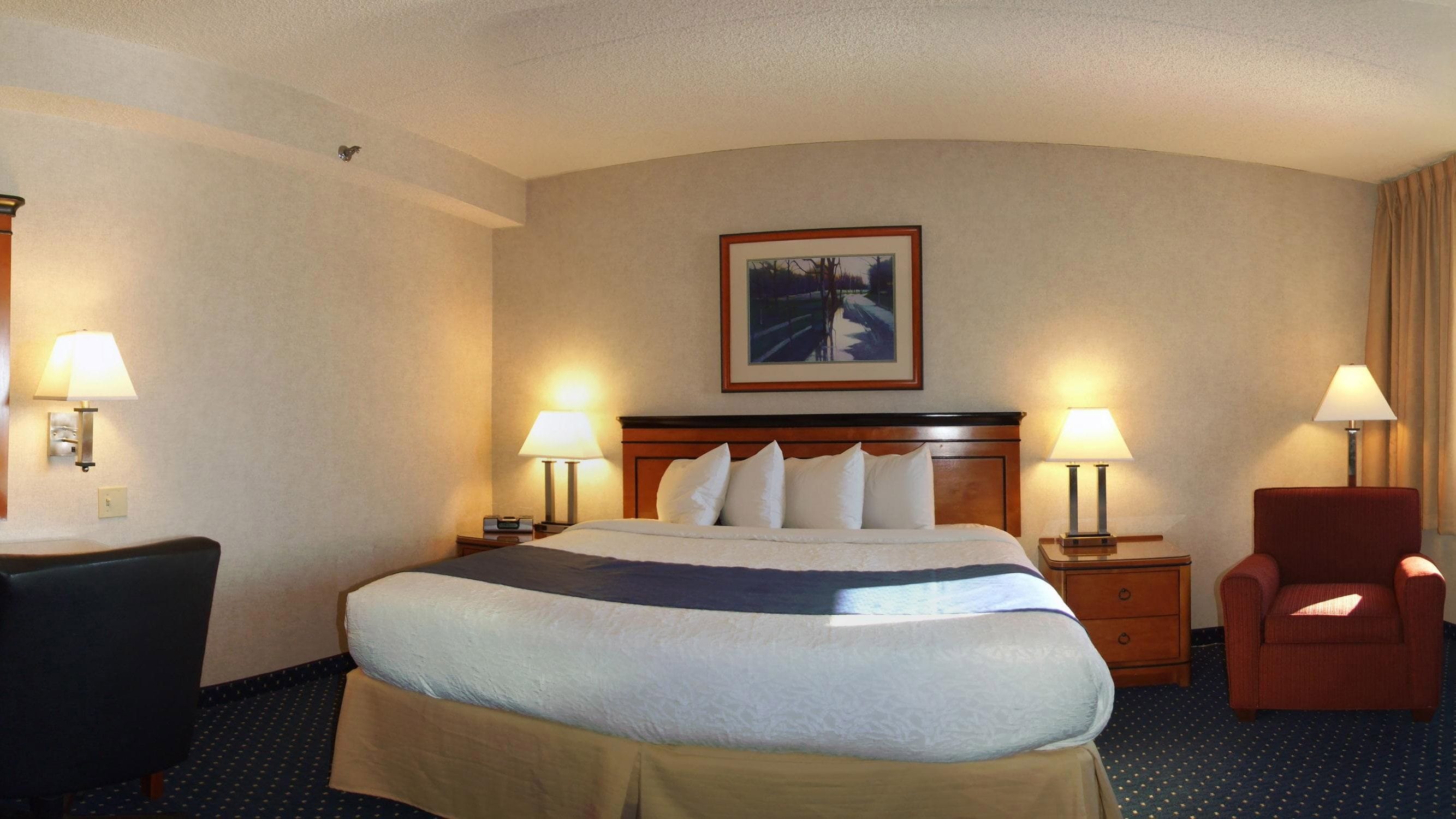 A hotel room with a large bed, two bedside tables with lamps, a chair, and a framed picture on the wall.