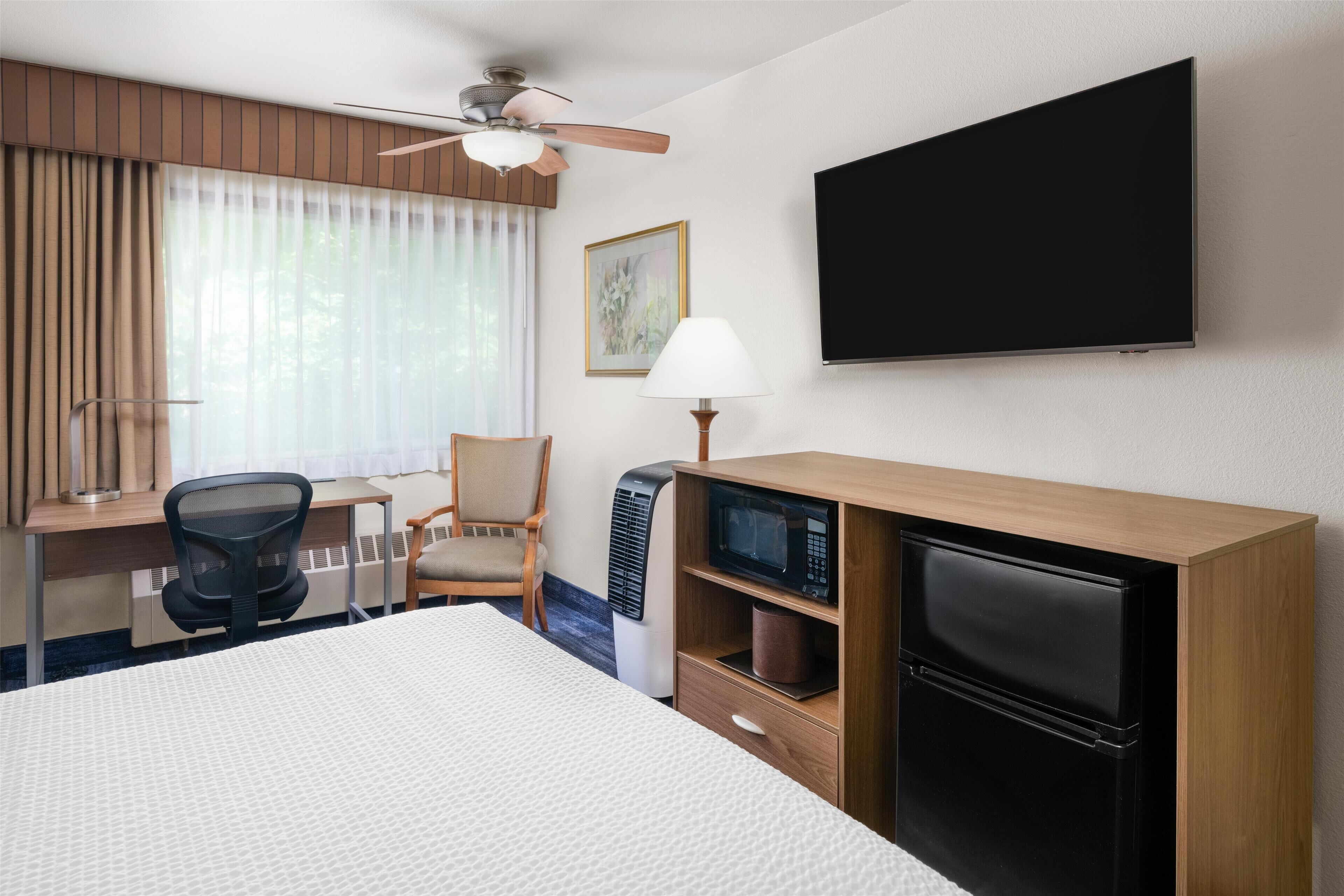 Une chambre d’hôtel équipée d’un lit, d’un bureau, d’une chaise, d’une télévision et d’un four à micro-ondes.