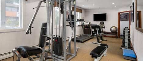 A gym with various exercise equipment, a treadmill, and a weight bench.