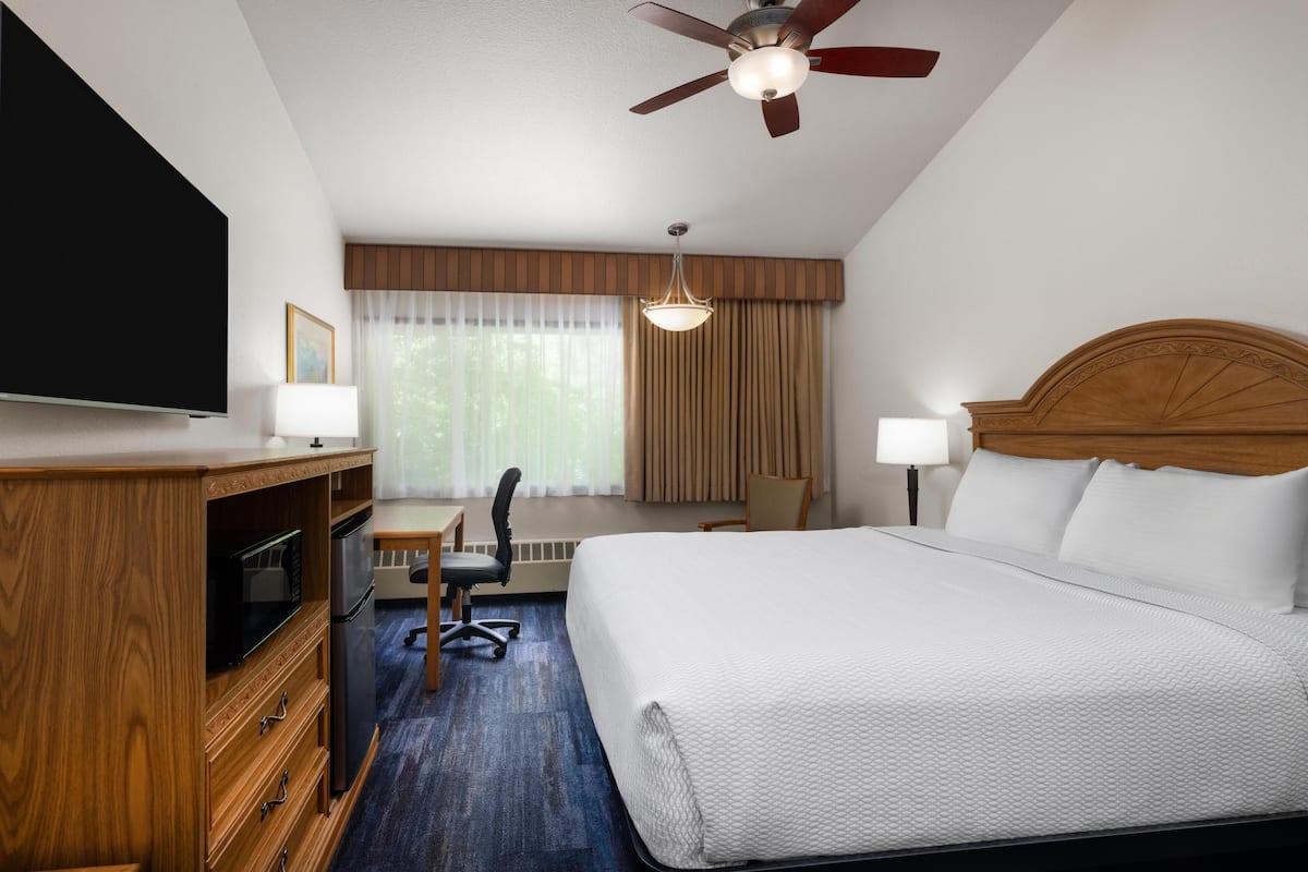 Habitación de hotel con cama, escritorio con silla, televisión, ventilador de techo y ventana con cortinas.
