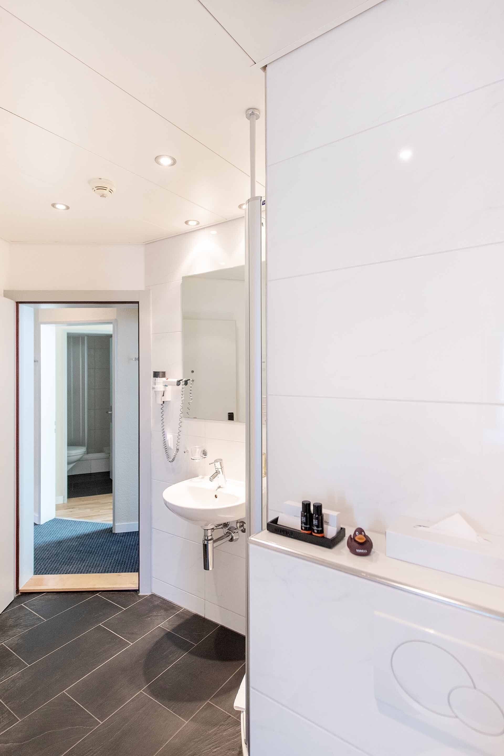 standard single room | bathroom | eco-friendly toiletries, hair dryer, towels