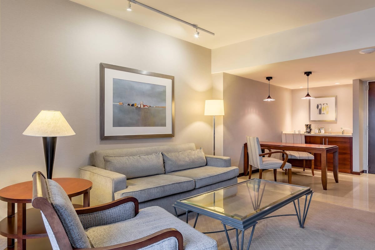 Ein modernes Wohnzimmer mit einer Couch, Sesseln, einem Glastisch und einem Essbereich mit Tisch und Stühlen.