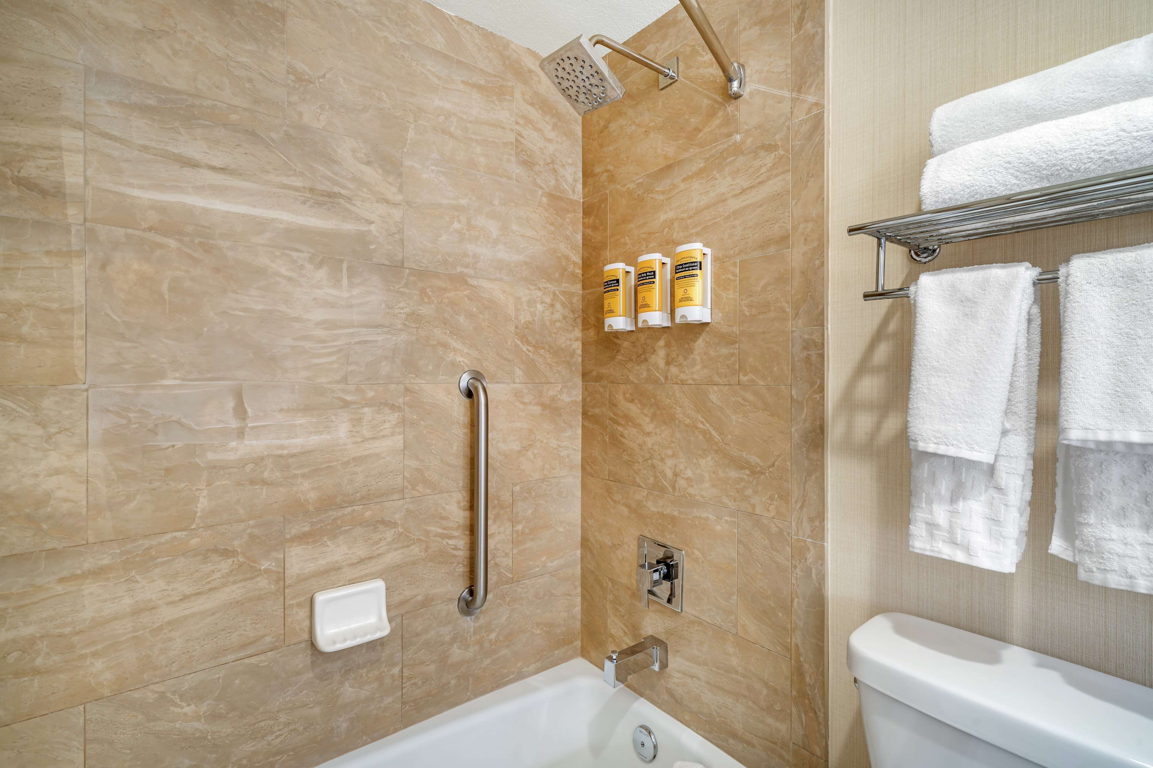 A bathroom with a bathtub, a shower, and a toilet. There are three toiletries on the wall.