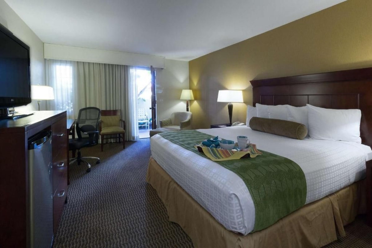 Habitación de hotel con cama, escritorio con televisor, silla, lámpara y ventana con cortinas.